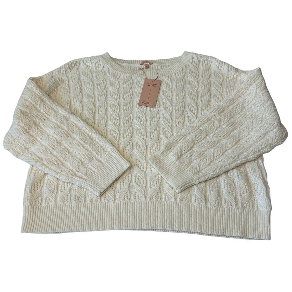 Eberjey Women's Cable Knit Recycled Cotton Sweater Size XL Cream Crewneck NWT